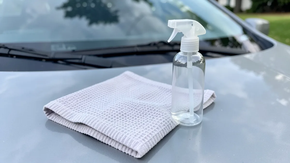 Spray bottle and folded waffle-weave microfiber towel on a car hood for windshield maintenance
