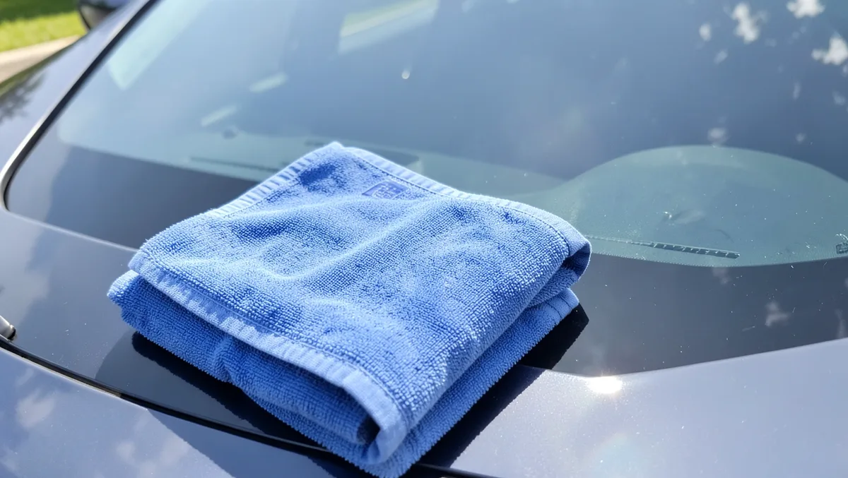 Folded blue microfiber towel resting on a streak-free clean car windshield