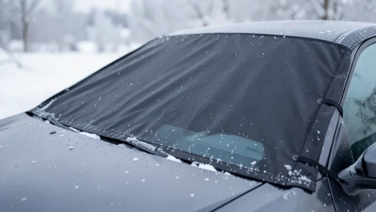 Black weatherproof windshield frost cover strapped over a car windshield in the snow