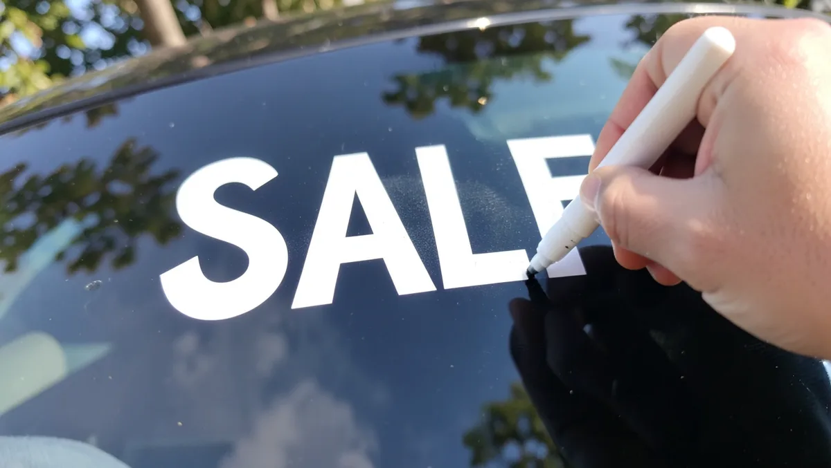 Writing the word SALE on a car window with a white paint marker