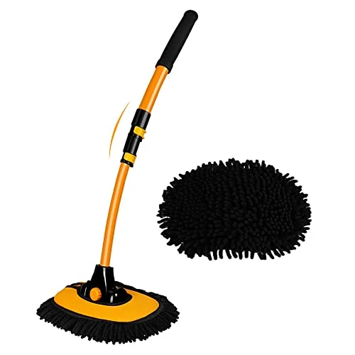 15-degree curved car cleaning brush with a 43-inch telescopic aluminum handle and a black chenille head
