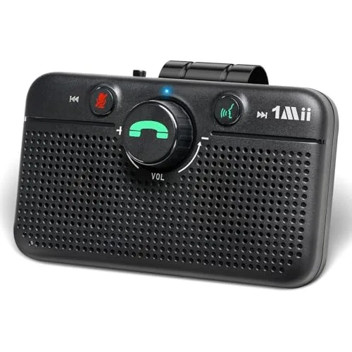 1Mii CarEcho MK02 Bluetooth 6.0 car speakerphone clipped to a sun visor with a volume dial