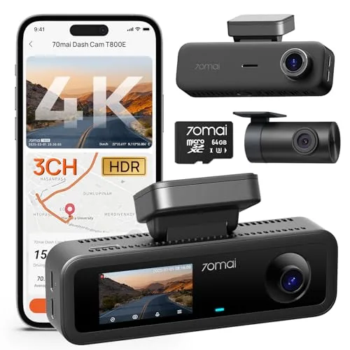 70mai 4K three-channel dash cam with front, rear, and interior cameras