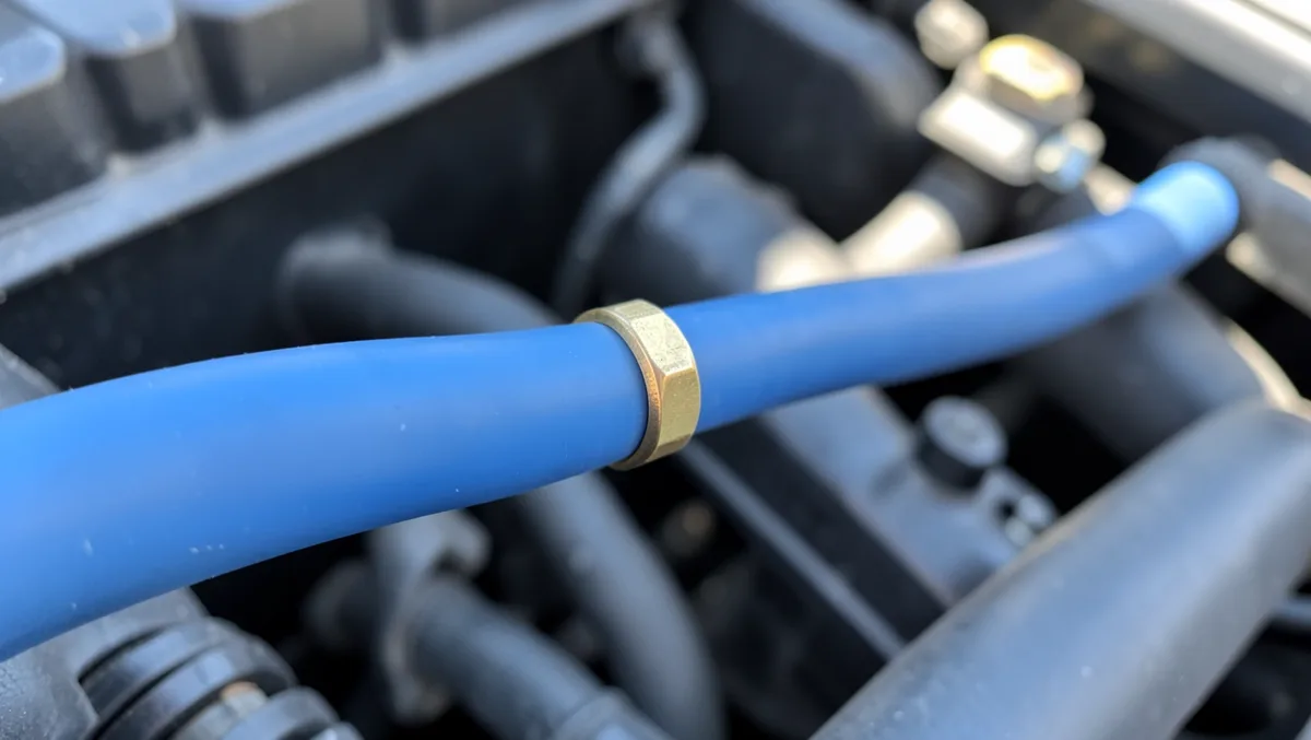 Blue AC recharge hose with brass quick-connect fitting attached to a car engine AC service port