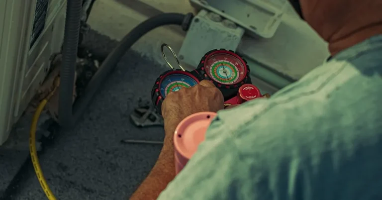 Technician reading a refrigerant gauge set at an outdoor air conditioning unit