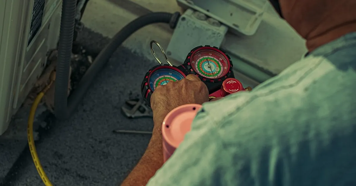 Technician reading a refrigerant gauge set at an outdoor air conditioning unit