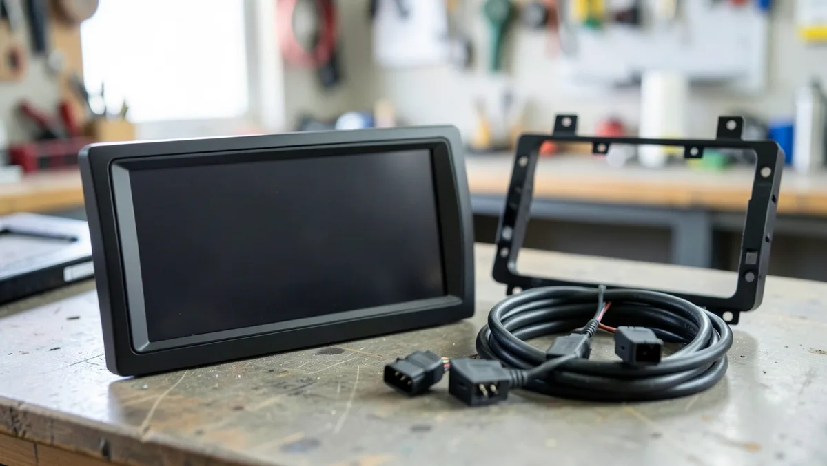 Aftermarket double-DIN car stereo, dash installation kit frame, and wiring harness adapter laid out on a workbench
