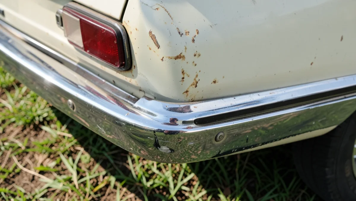 Weathered chrome bumper and rust spots on the rear quarter panel of an older car eligible for PA Classic registration