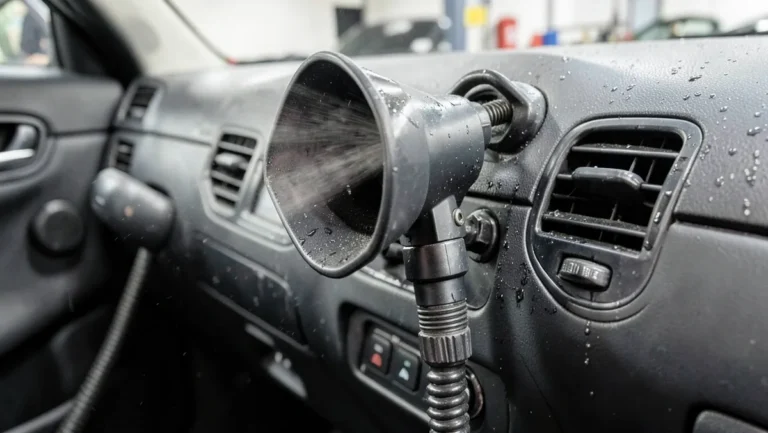 Air blow gun nozzle blasting dust and water droplets off a car dashboard and vents