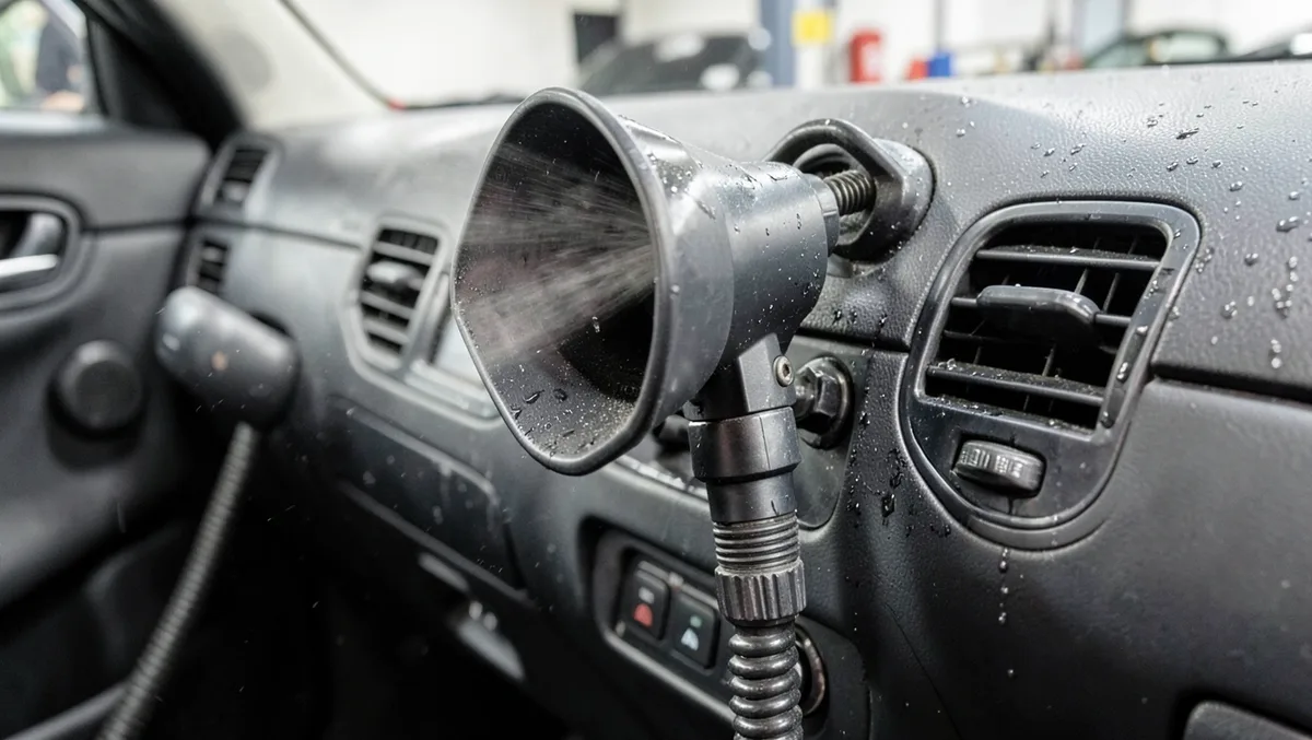 Air blow gun nozzle blasting dust and water droplets off a car dashboard and vents