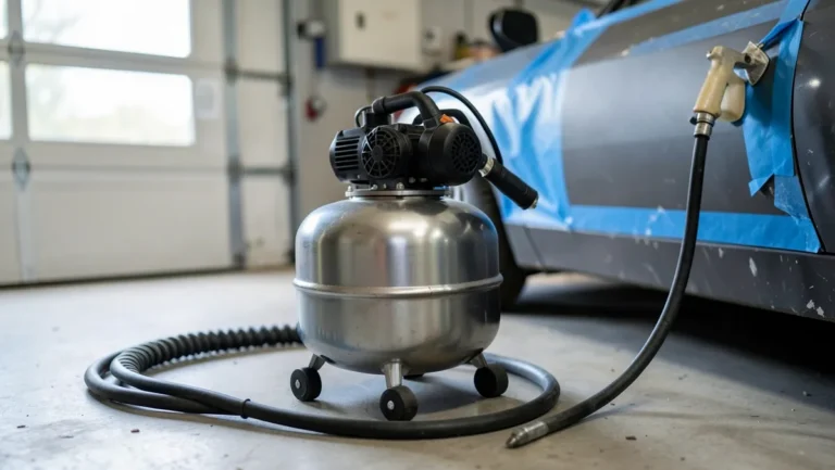 Portable pancake air compressor with hose and spray gun next to a taped car panel in a garage