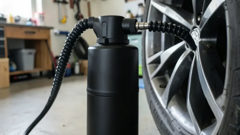 Portable tire inflator connected by a hose to a car alloy wheel tire valve in a home garage