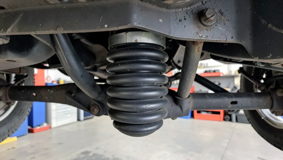 Black rubber air spring suspension bellows mounted between a vehicle frame and rear axle in a garage