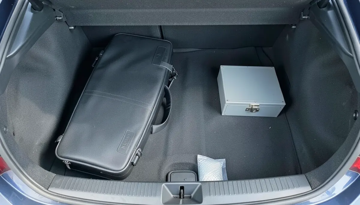 A locked rifle case and a separate metal lockbox stored apart in a car trunk