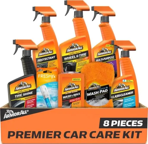 Armor All Ultimate Premier Car Care Kit 8-piece box with wash, wax, glass cleaner, tire shine, and wheel cleaner