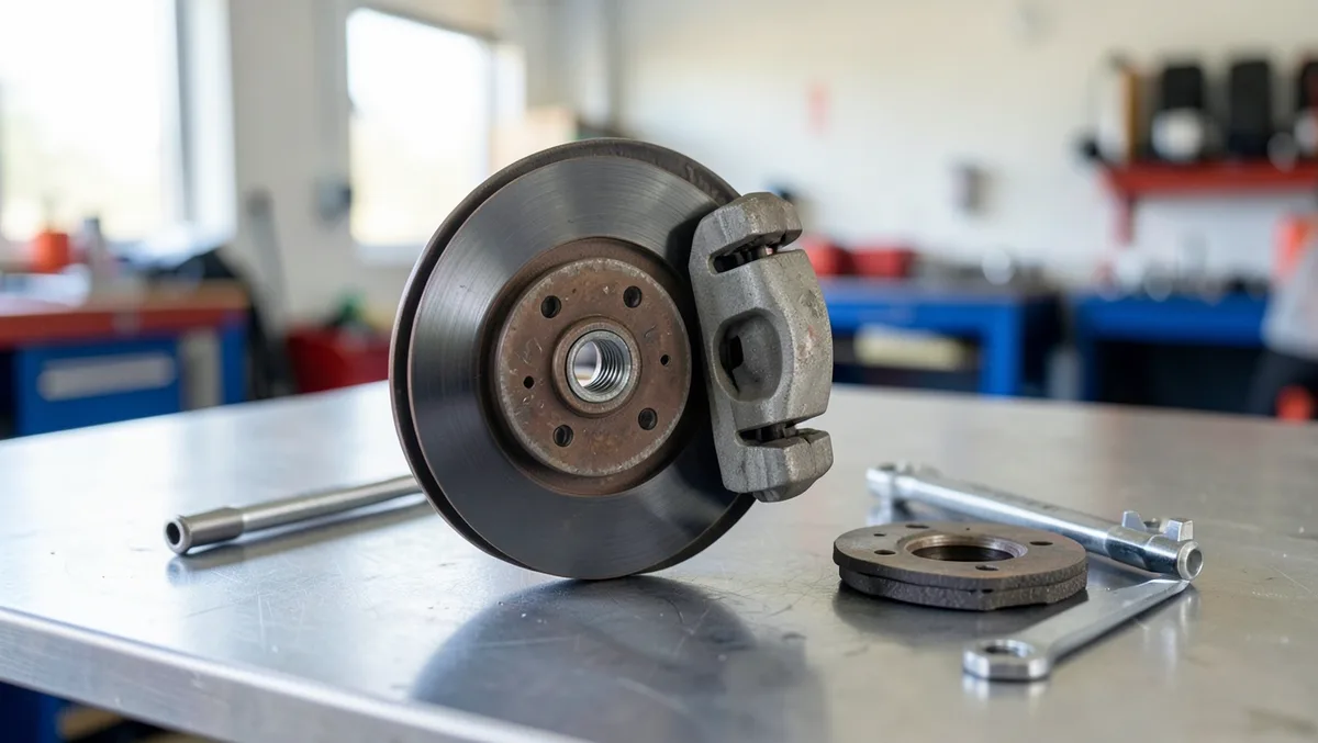 Brake rotor and caliper resting on a workshop bench during a brake system inspection