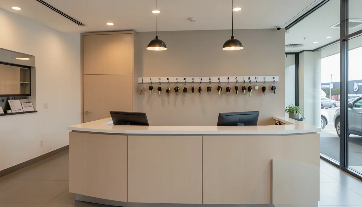 Car dealership service desk with a wall of numbered key hooks holding vehicle keys