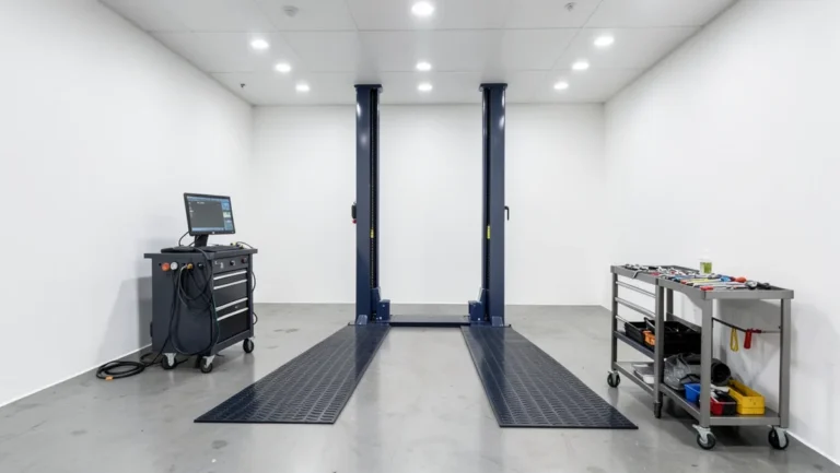 Empty car dealership service bay with a two-post lift and diagnostic equipment cart