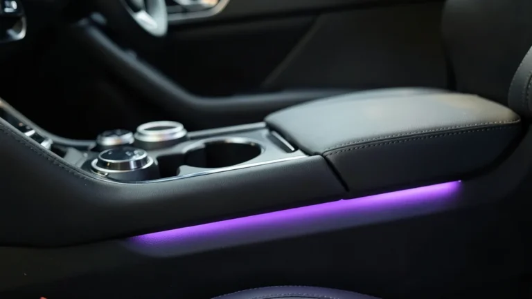 Car center console with cup holder, armrest cover, and purple ambient LED lighting