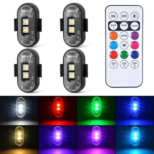 Aukmak 4-pack wireless LED strobe lights with remote control, showing the four light pods, remote, and eight available colors