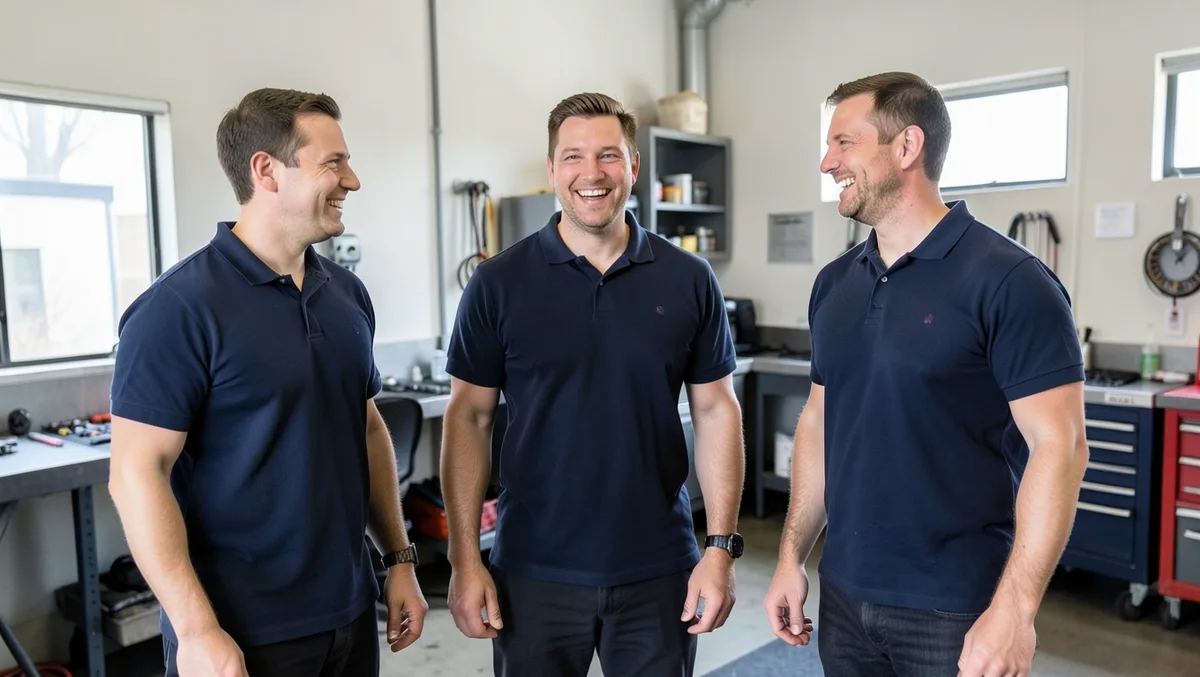 Auto shop technicians laughing together in a modern break room