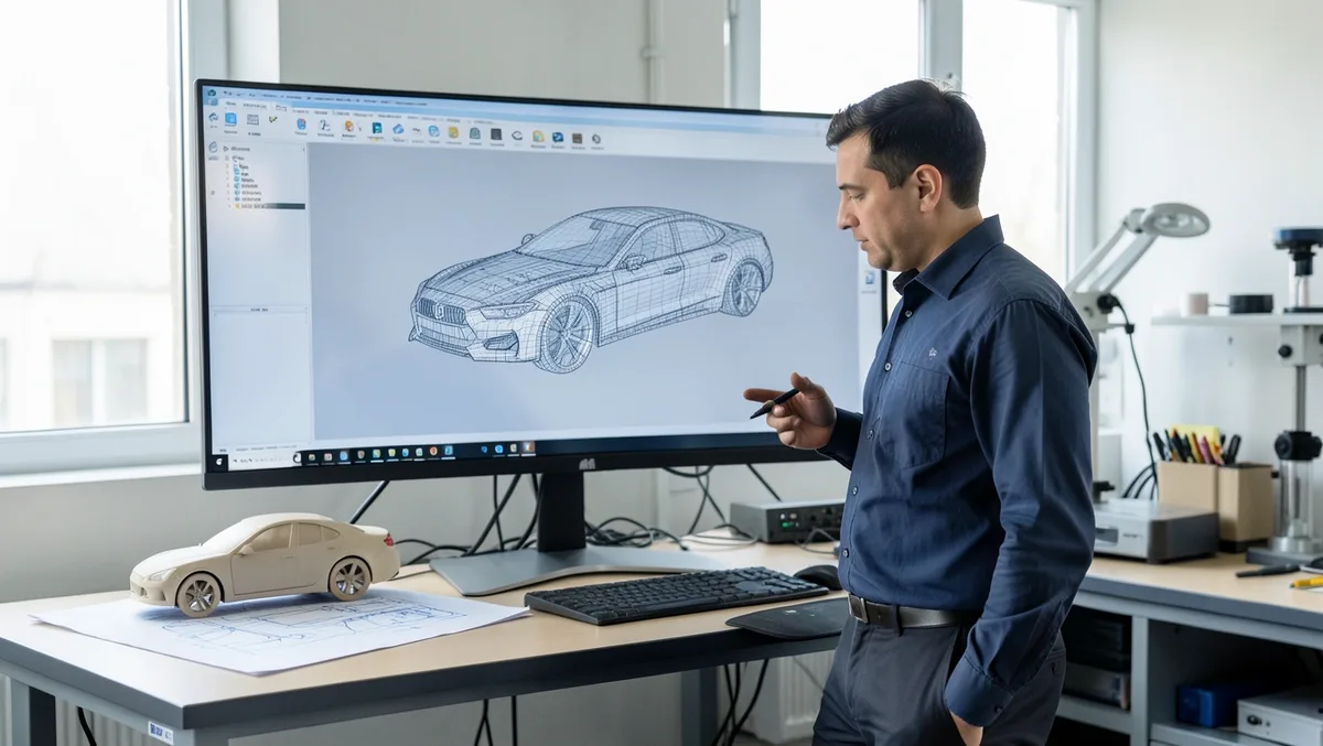 Automotive design engineer reviewing a 3D car chassis wireframe model on a widescreen monitor in an engineering studio