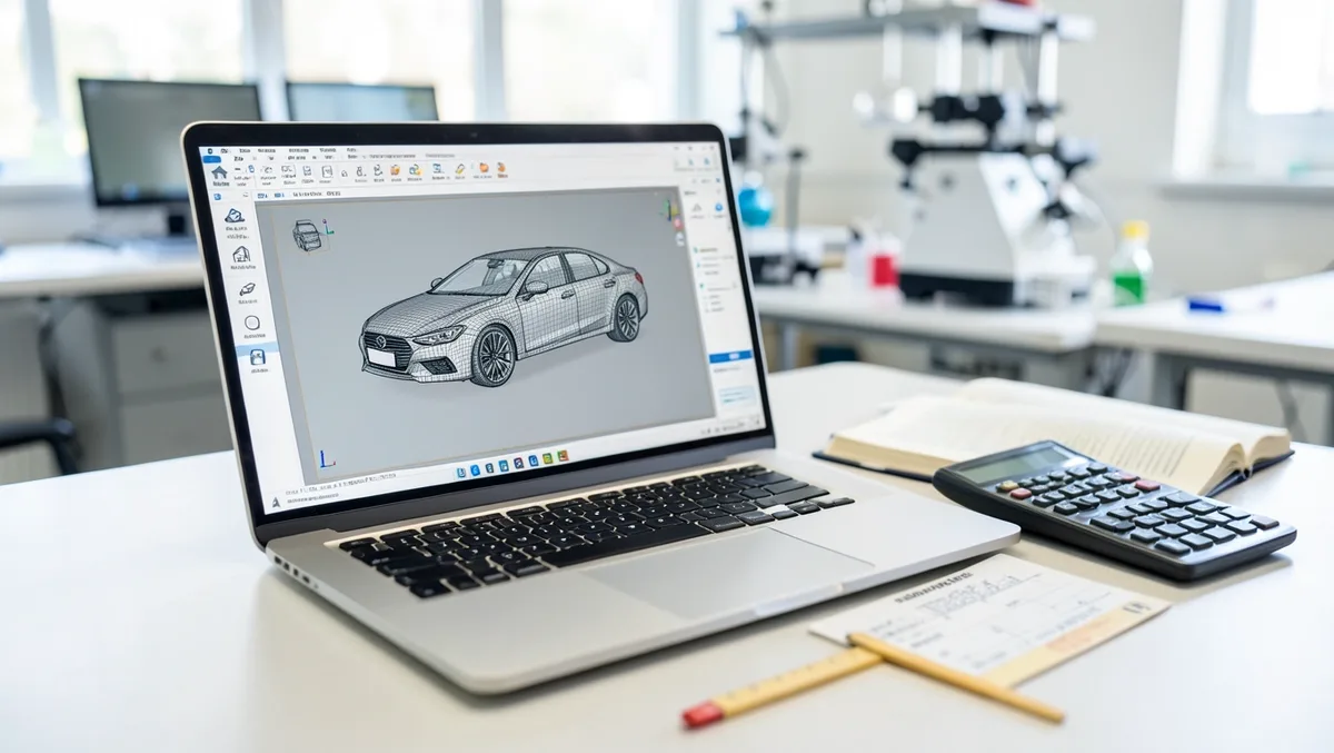 Laptop displaying automotive CAD design software with a sedan wireframe model, next to an engineering textbook and calculator