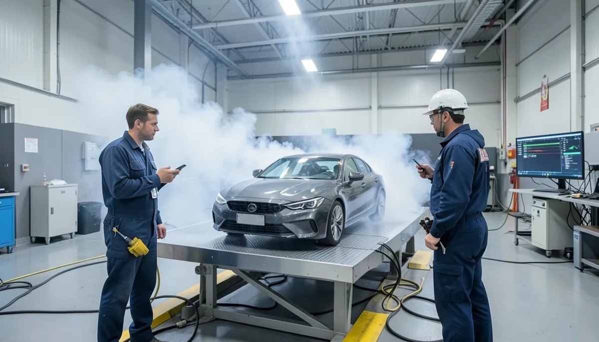 Two automotive engineers running a wind-tunnel airflow test on a prototype sedan