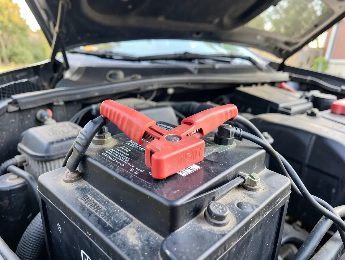 Red positive clamp of a portable 12-volt battery charger attached to a car battery terminal under an open hood