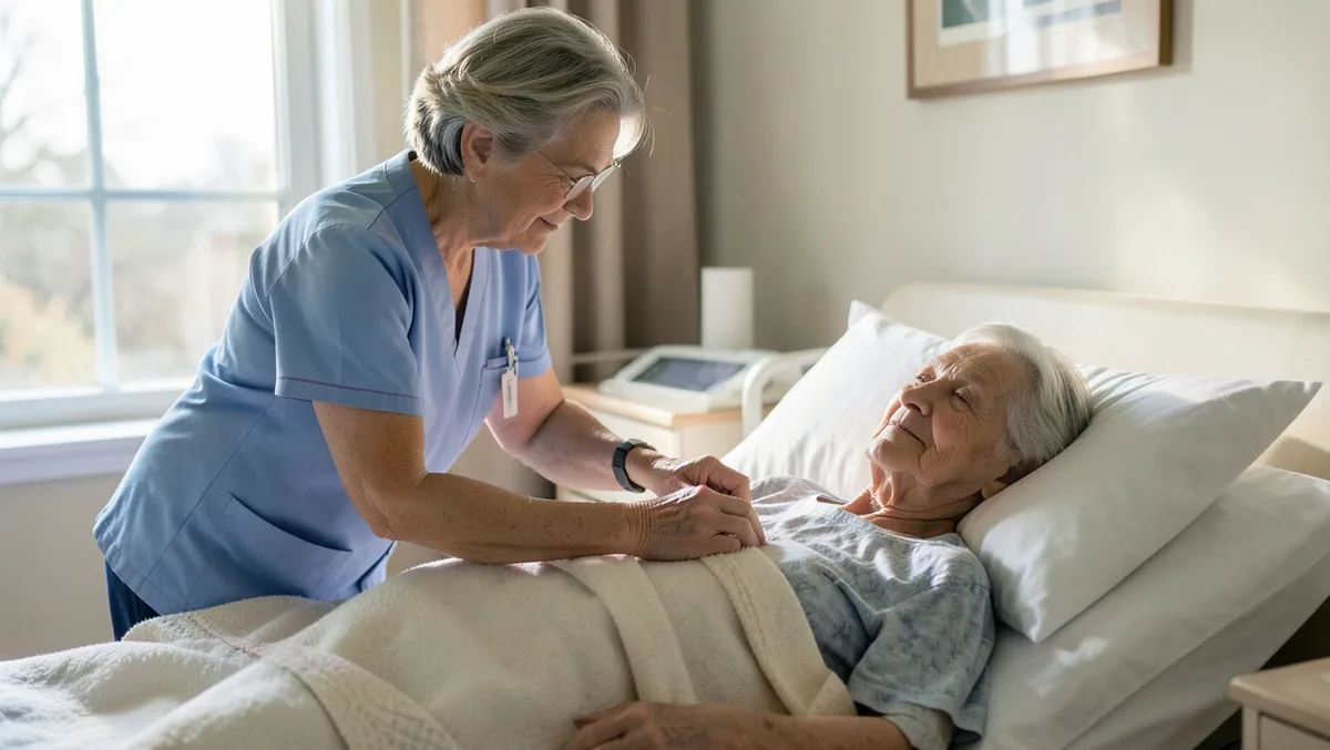 A hospice nurse tends to an elderly patient at home, the kind of care BCBS plans typically cover under a hospice benefit