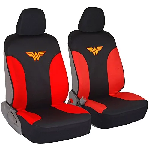 BDK Warner Bros DC Comics Wonder Woman front car seat covers, pair, red and black with matching seat belt pads