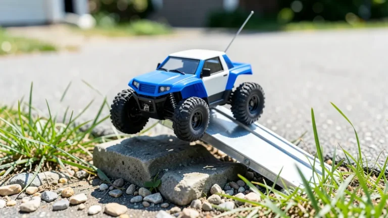 Small radio-controlled off-road buggy parked at the top of a metal RC jump ramp outdoors
