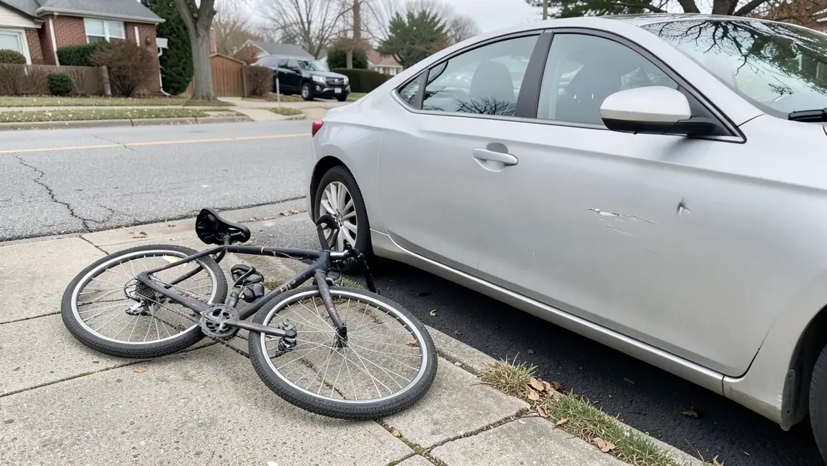 Bicycle fallen on a sidewalk next to a parked car with a dented and scraped passenger door