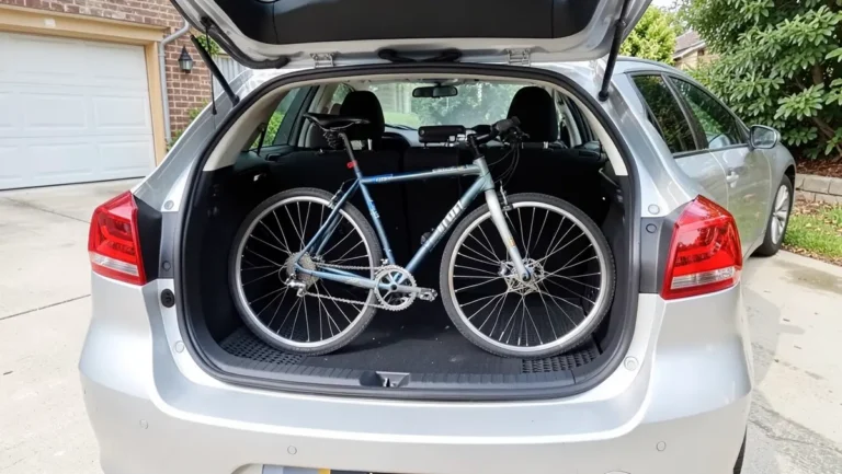 Bicycle with front wheel removed loaded into the open trunk of a hatchback with a cargo mat protecting the floor