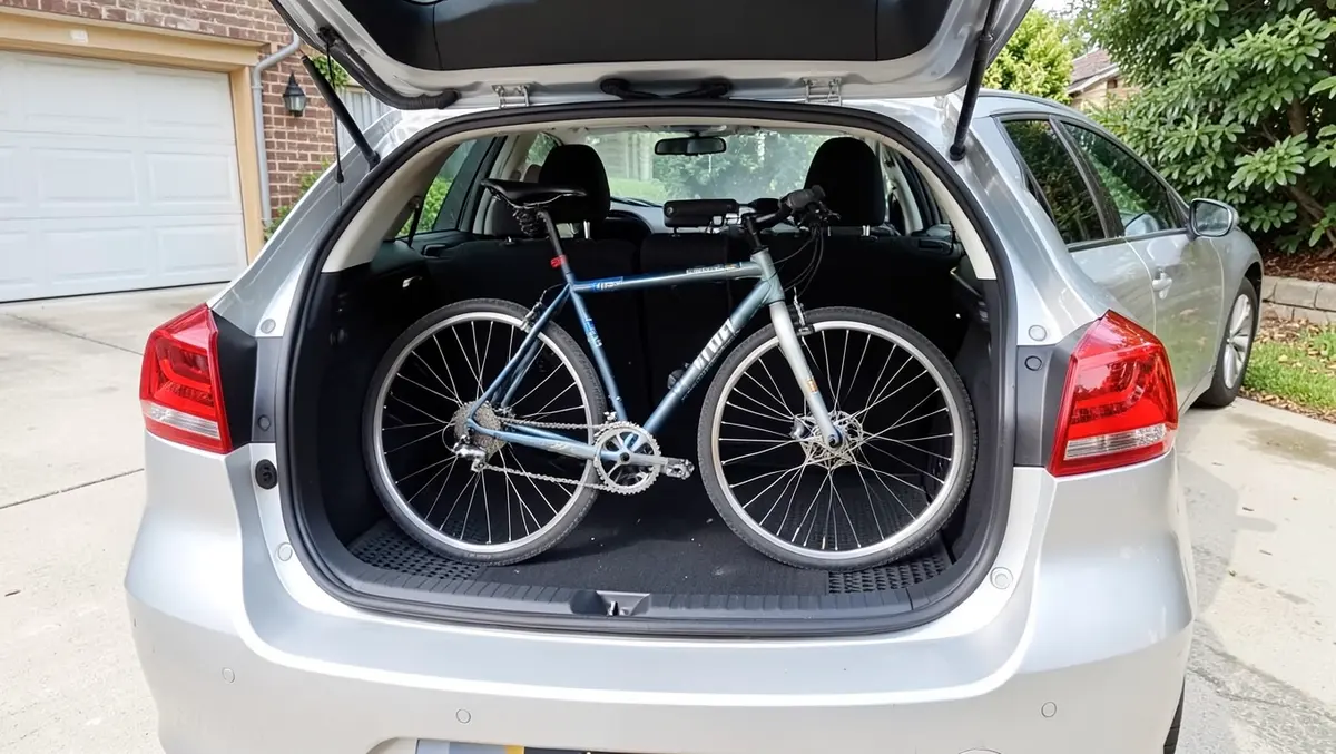 Bicycle with front wheel removed loaded into the open trunk of a hatchback with a cargo mat protecting the floor