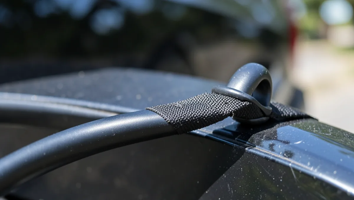 Close-up of a curved bike rack mounting arm and strap looped over a car edge without pressing straight down