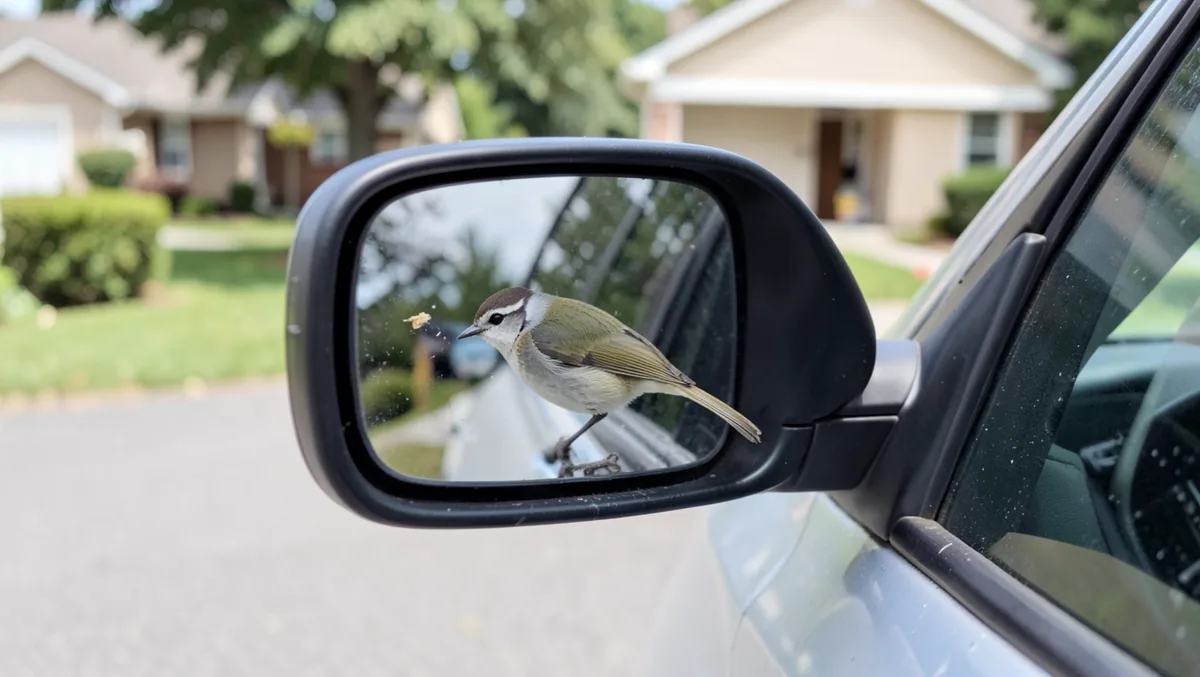 Small songbird perched on a car side mirror pecking at its own reflection