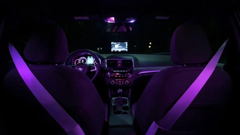 A car interior at night lit by a small ultraviolet black light near the rearview mirror, with white seatbelt stitching glowing violet against a dark cabin