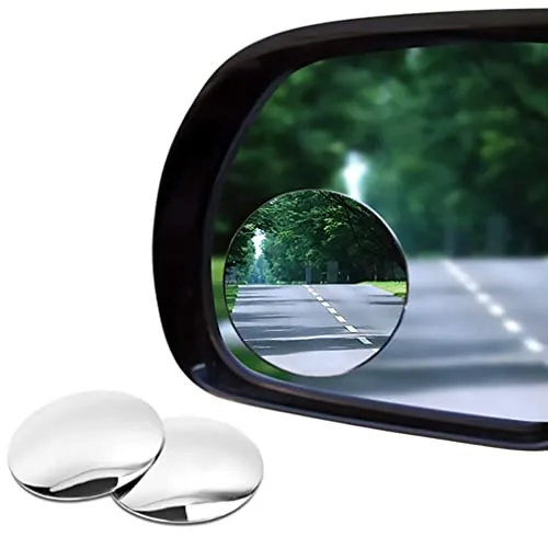 2 inch round convex blind spot mirror with a chrome rust resistant frame on a car side mirror