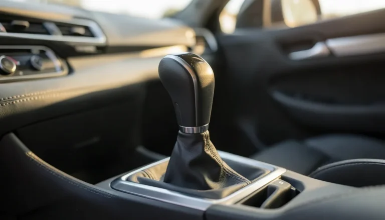 Close-up of a manual transmission gear shift knob inside a car, representing stick shift bumper sticker pride