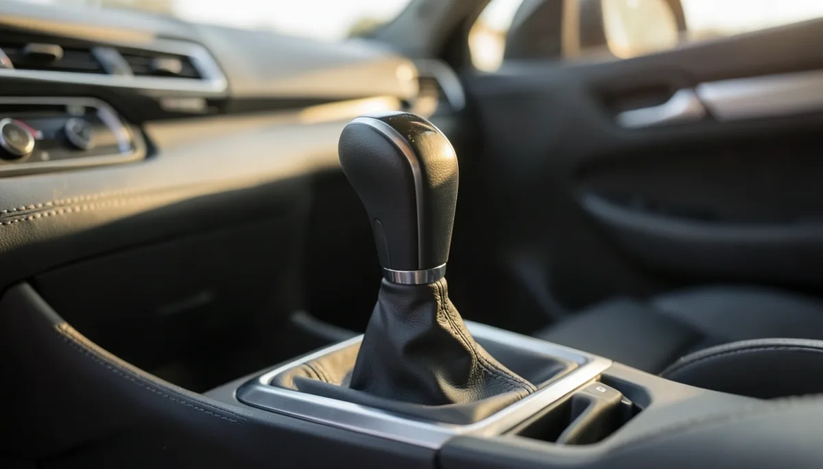 Close-up of a manual transmission gear shift knob inside a car, representing stick shift bumper sticker pride