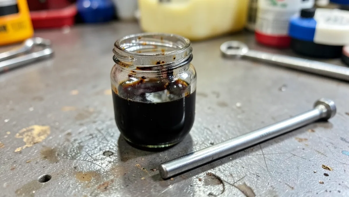 Dark, burnt automatic transmission fluid in a jar next to a dipstick, a sign of a failing torque converter