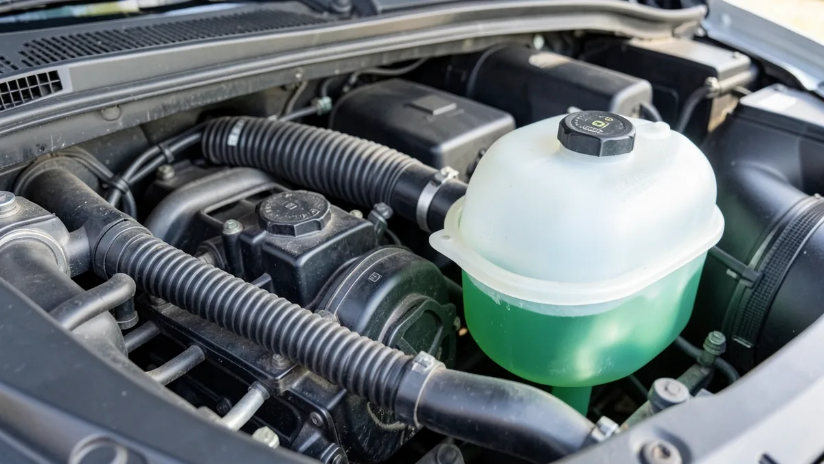 AC compressor and coolant reservoir under the hood of a car