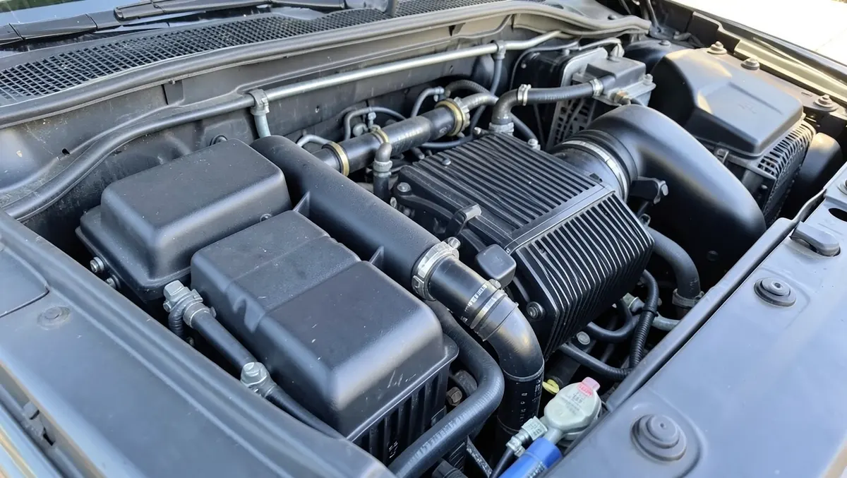 Car air conditioning compressor and refrigerant hoses in the engine bay, part of the system that also powers heat-assisted defogging
