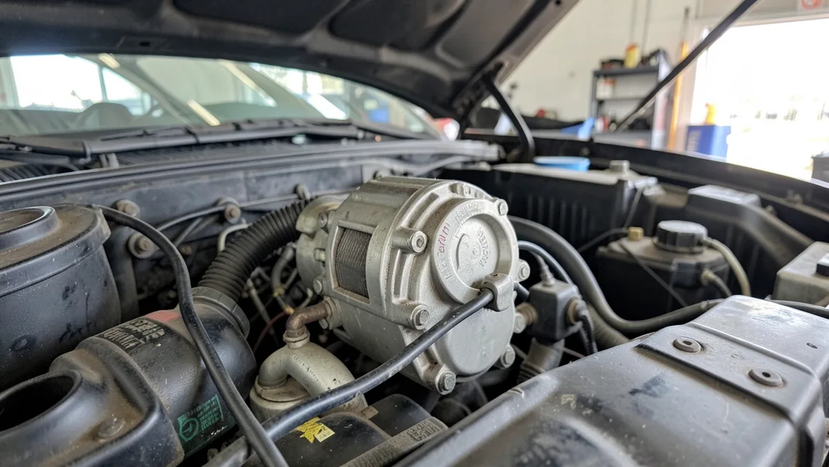 Car air conditioning compressor mounted in the engine bay