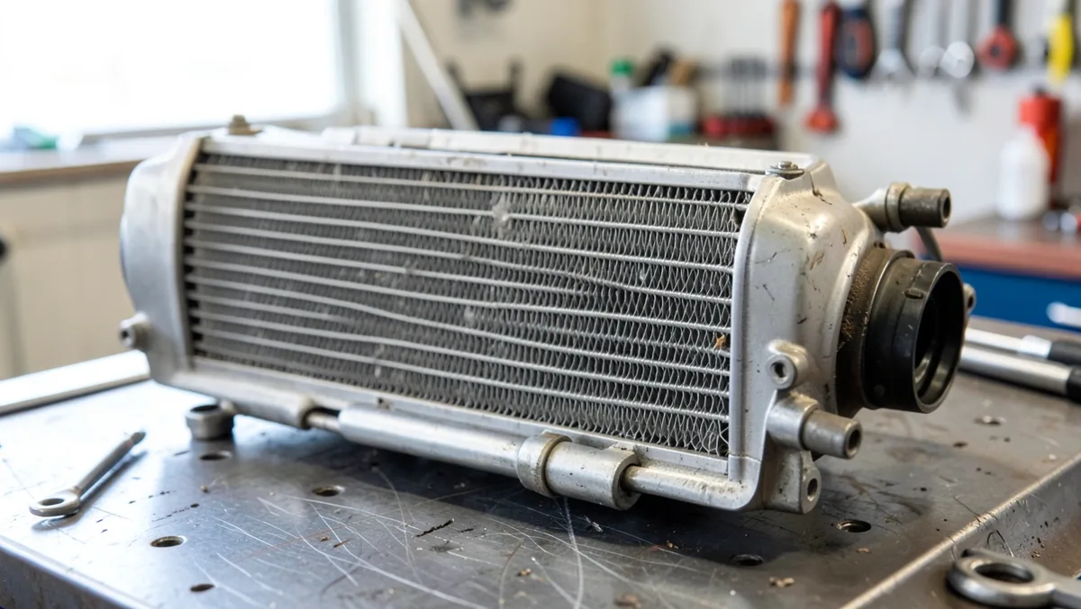 Car air conditioning condenser and compressor removed and set on a repair shop workbench