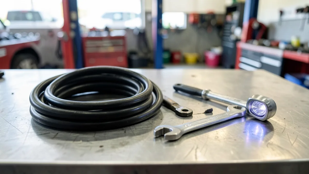 Basic tools for a DIY car AC recharge including a charging hose, wrench, and UV leak-detection light
