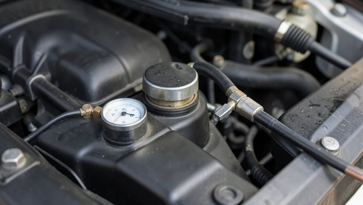 A pressure gauge connected to a car air conditioning service port for a refrigerant check