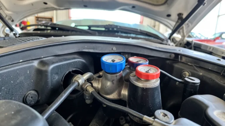 Mechanic AC manifold gauge set connected to a car engine bay to diagnose air conditioning repair cost