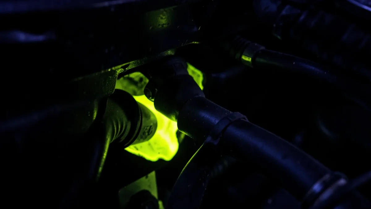 Fluorescent UV leak-detection dye glowing at a car AC hose fitting during a leak diagnosis